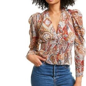 LINI Blue Multi Paisley V-Neck Long-Sleeve Blouse Size Extra Small